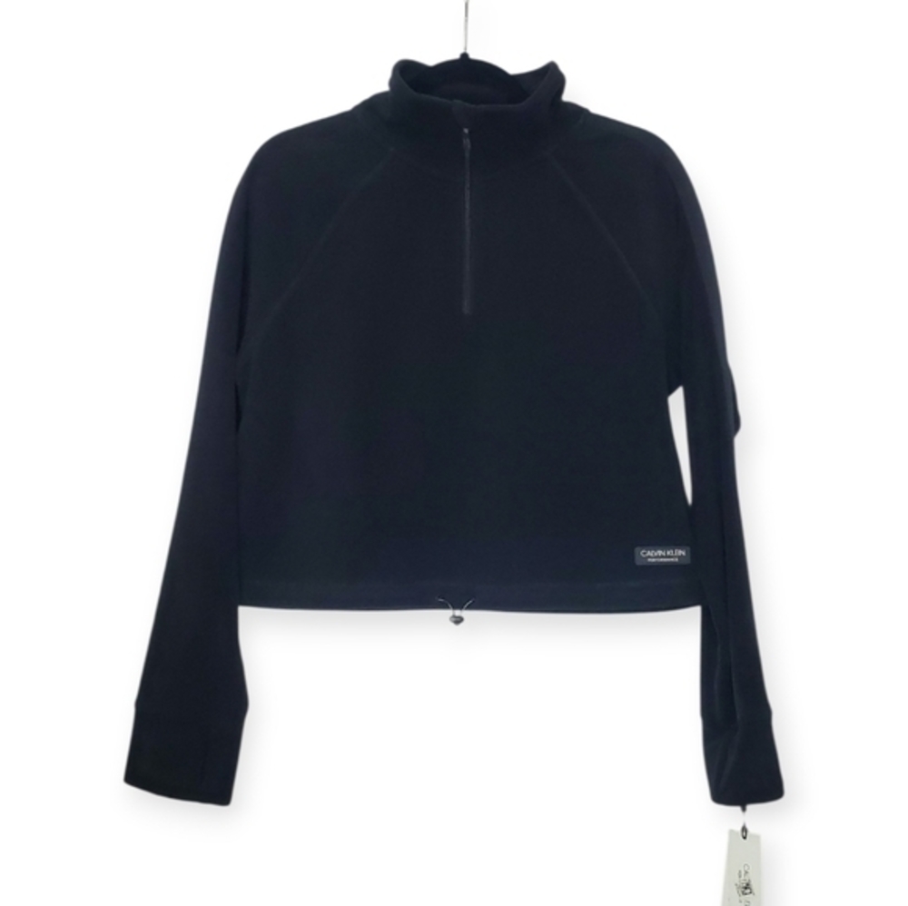 NWT Womens Black Calvin Klein Cropped Fleece Quarter Zip Hoodie